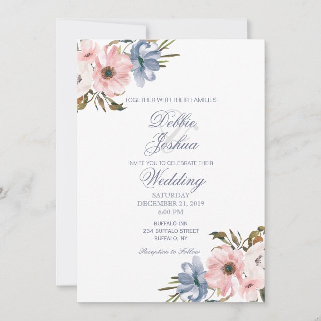 Invitación a la boda de la flor púrpura rosa azul  (Anverso)