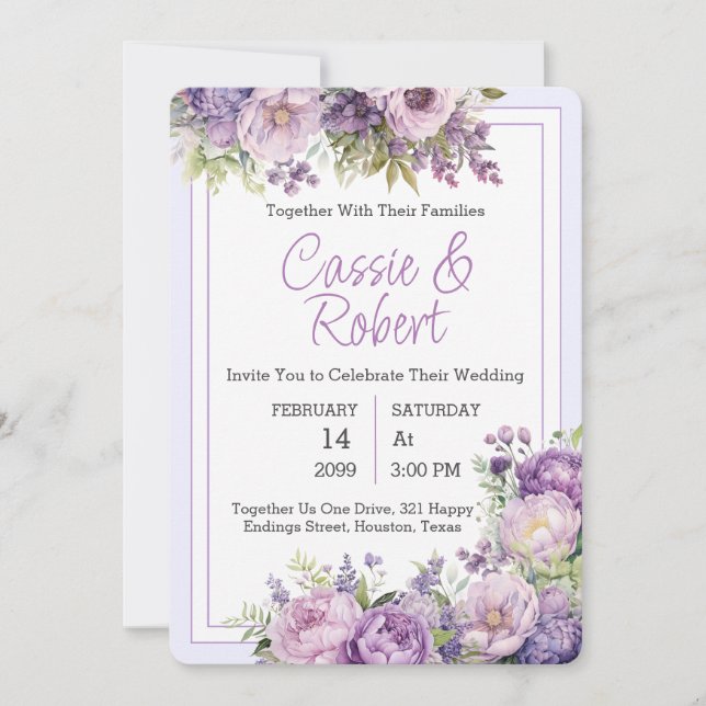 Invitación a la boda de la flor púrpura simple y m (Anverso)