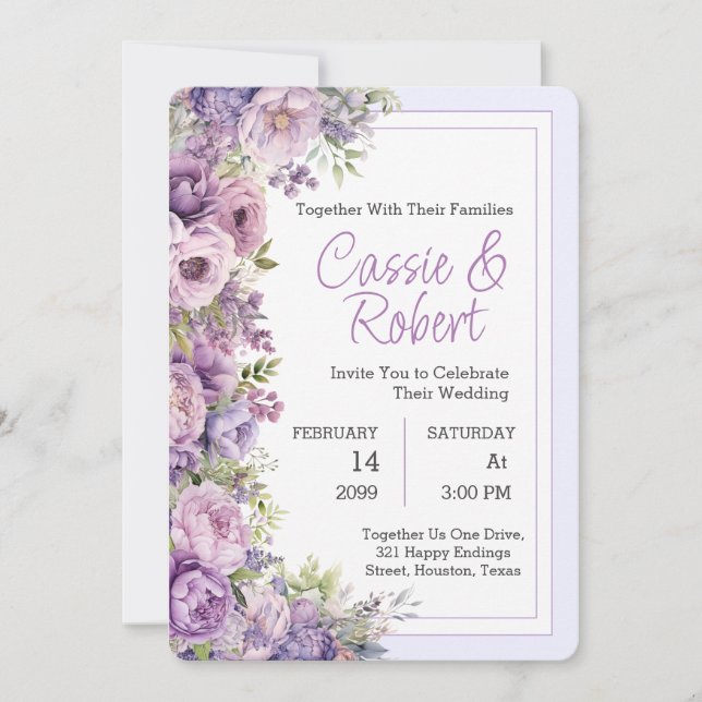 Invitación a la boda de la flor púrpura simple y m (Anverso)