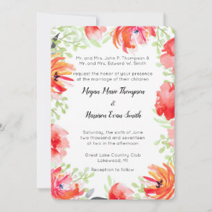 Invitación a la boda de la flor roja acuarela mode