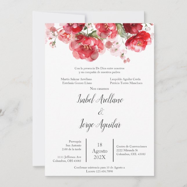 Invitación a la boda de la flor roja española (Anverso)