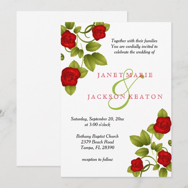 Invitación a la boda de la flor rosa roja (Anverso / Reverso)