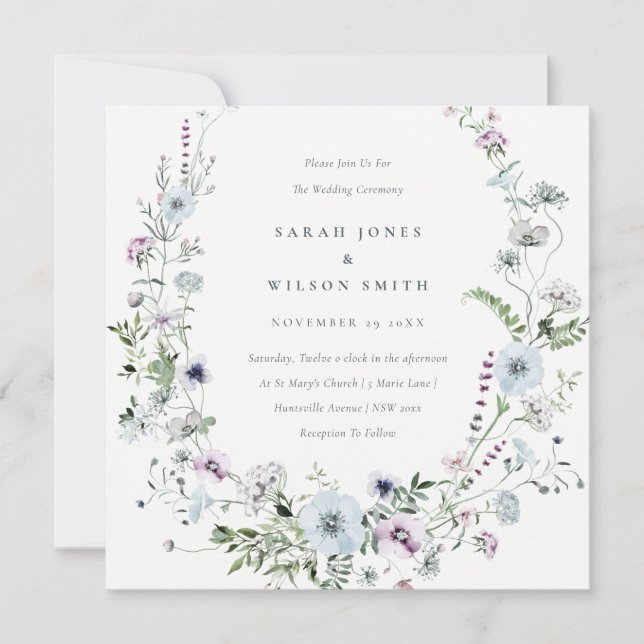 Invitación a la boda de la flor salvaje Lilac azul (Anverso)