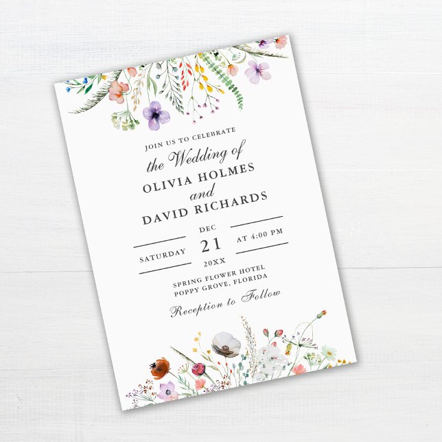 Invitación a la boda de la flor silvestre acuarela (Wildflower Meadow Wedding Invitation on off-white background)