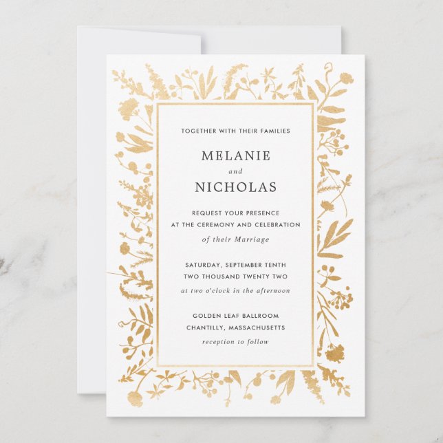 Invitación a la boda de la flor silvestre dorada (Anverso)