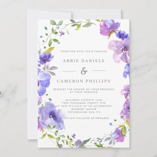 Invitación a la boda de la flor violeta de bonito (Anverso)