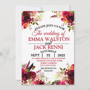 Invitación a la boda de la floración rosa y blanca