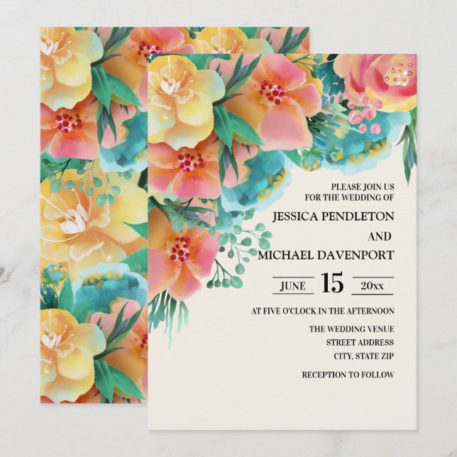 Invitación a la boda de la floral amarilla Verde a (Anverso / Reverso)