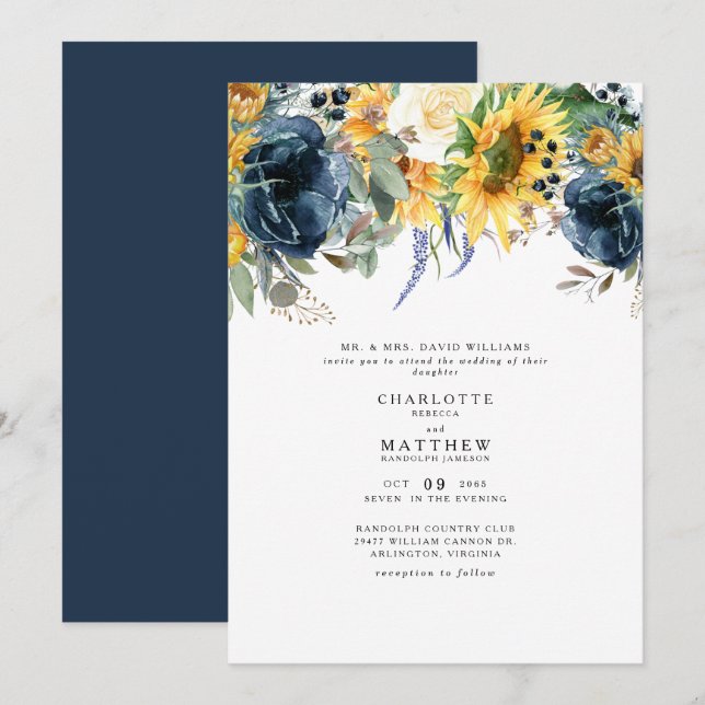 Invitación a la boda de la floral amarilla y de la (Anverso / Reverso)