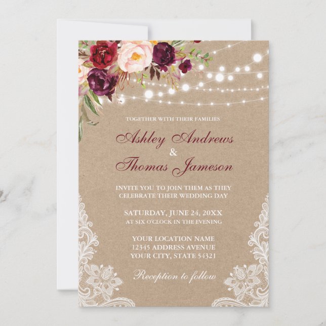 Invitación a la boda de la floral borgoña de Kraft (Anverso)