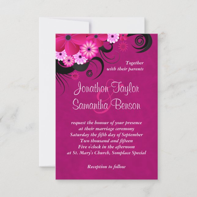 Invitación a la boda de la floral de Fuchsia oscur (Anverso)