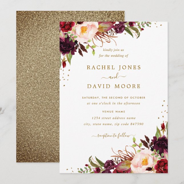 Invitación a la boda de la floral floral Gold Burg (Anverso / Reverso)