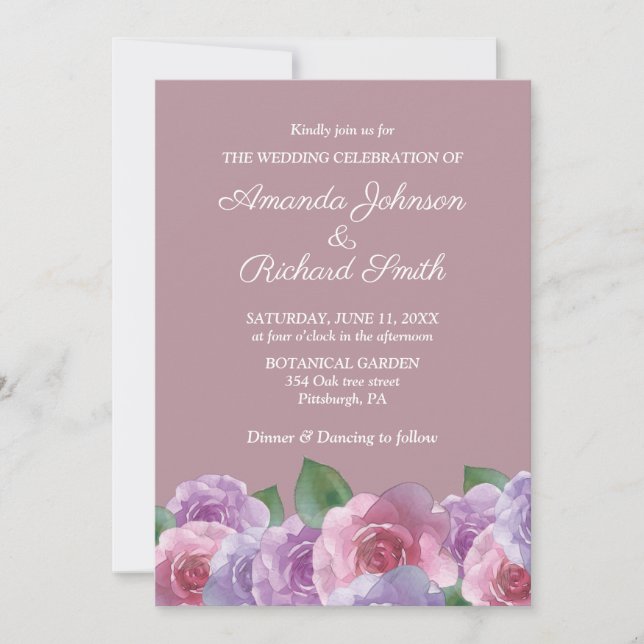 Invitación a la boda de la floral rosa púrpura y d (Anverso)