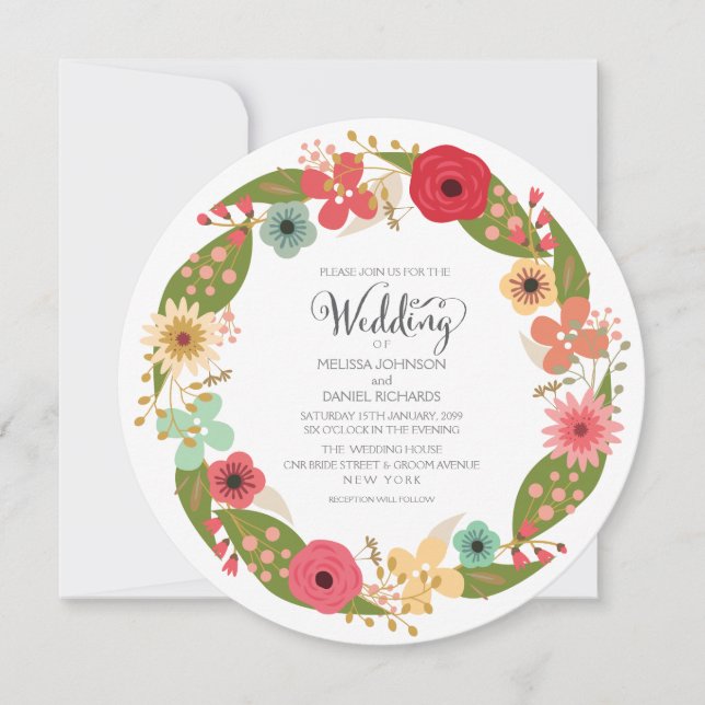Invitación a la boda de la floral Wreath Garden (Anverso)