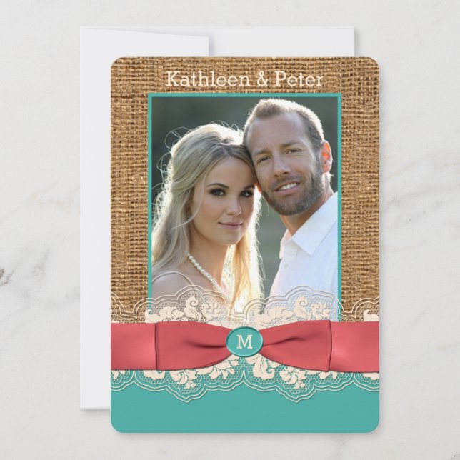 Invitación a la boda de la FOTO de Bow Burlap de F (Anverso)