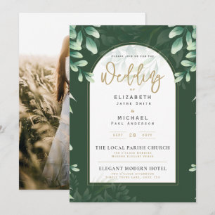 Invitación a la boda de la foto de oro de Greenery