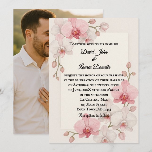 Invitación a la boda de la foto de orquídeas encan (Anverso / Reverso)