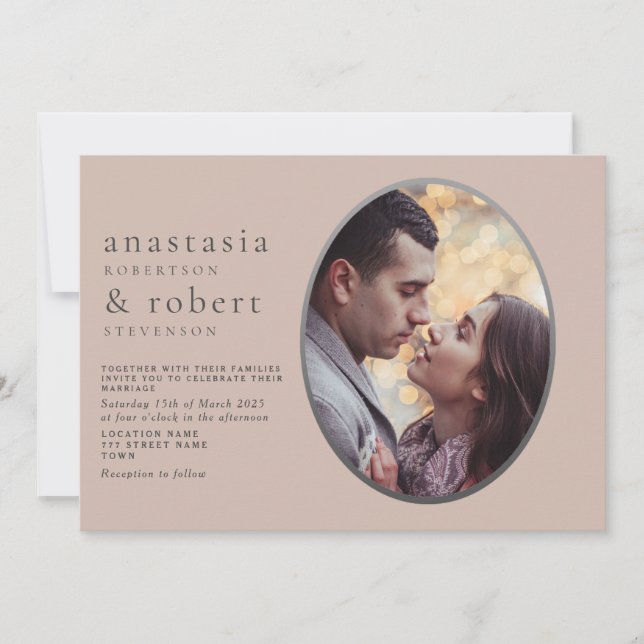 Invitación a la boda de la foto del oval rosado y  (Anverso)