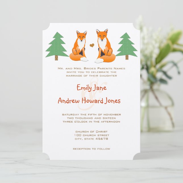 Invitación a la boda de la Fox Cute (Anverso de pie)