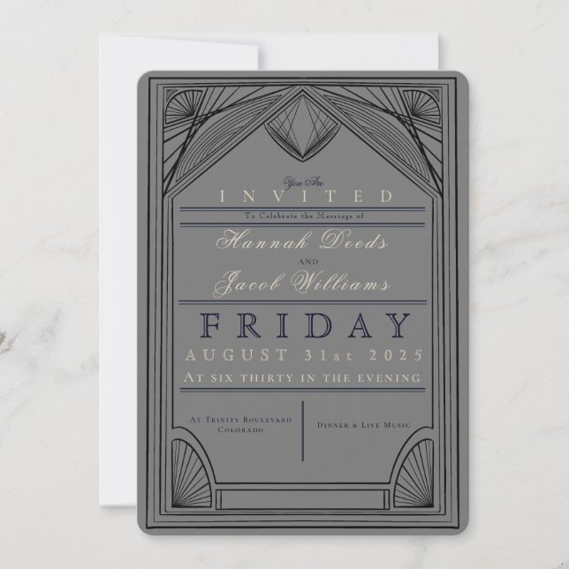 Invitación a la boda de la frontera Art Deco (Anverso)