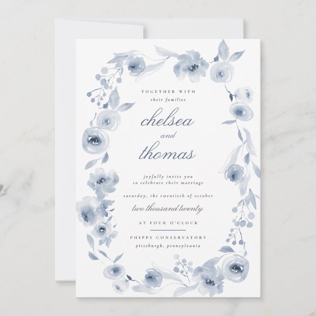 Invitación a la boda de la frontera floral azul (Anverso)