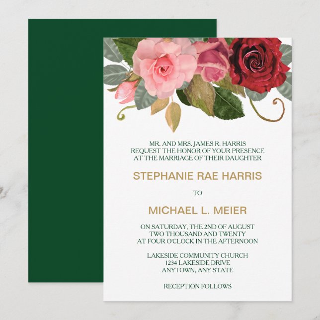 Invitación a la boda de la frontera rosa roja y ro (Anverso / Reverso)