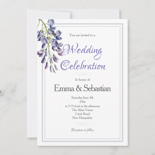Invitación a la boda de la glicinia azul y lilac (Anverso)