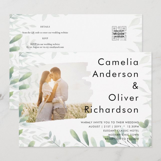 Invitación a la boda de la GREENERY de la foto de  (Anverso / Reverso)