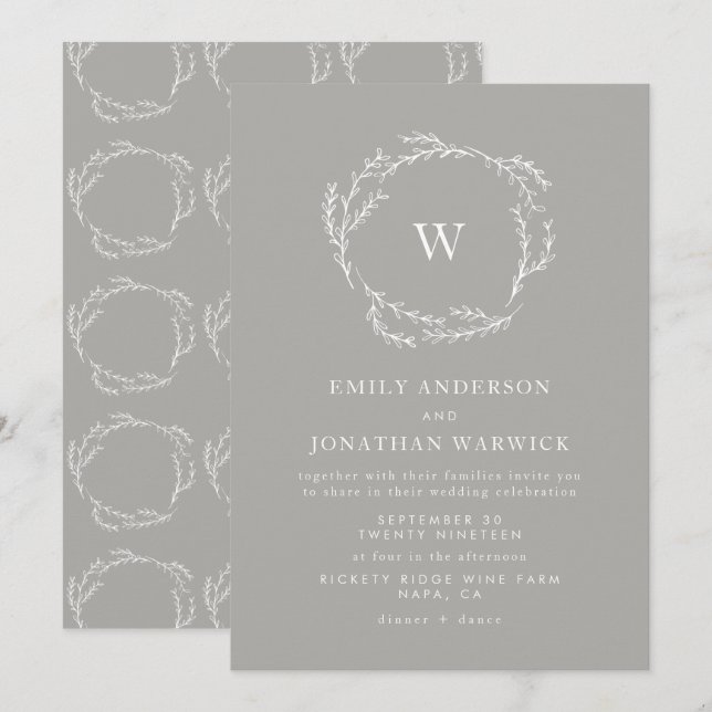 Invitación a la boda de la guirnalda simple en gri (Anverso / Reverso)
