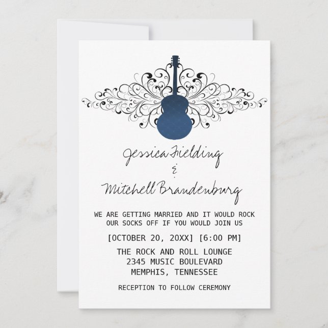 Invitación a la boda de la guitarra de Royal Blue  (Anverso)