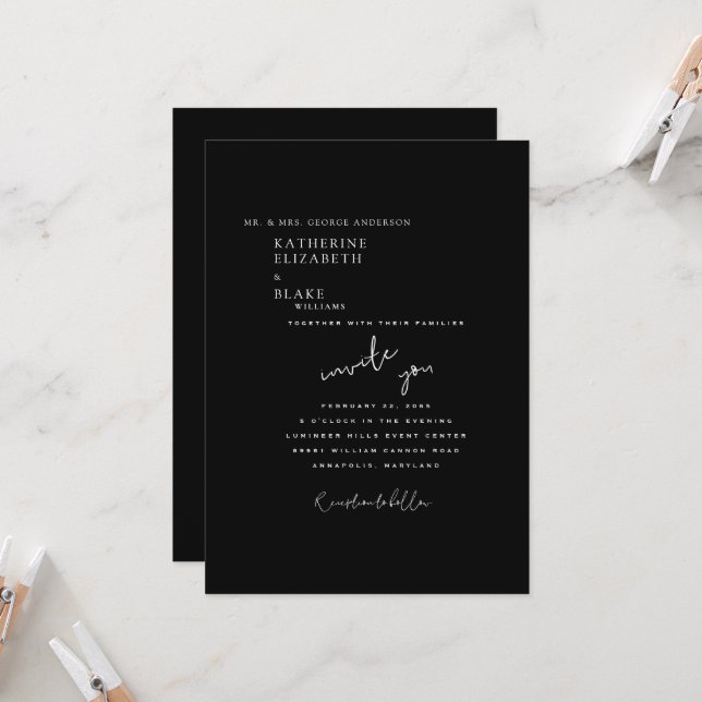 Invitación a la boda de la hoja blanca y negra (Anverso/Reverso In Situ)