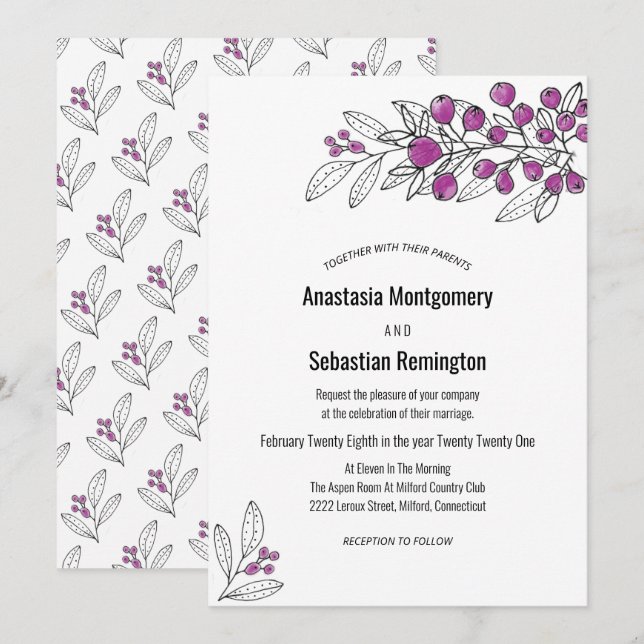 Invitación a la boda de la hoja de bayas púrpura m (Anverso / Reverso)
