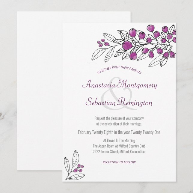Invitación a la boda de la hoja de bayas púrpura m (Anverso / Reverso)