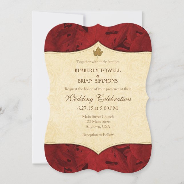 Invitación a la boda de la hoja de crema roja (Anverso)