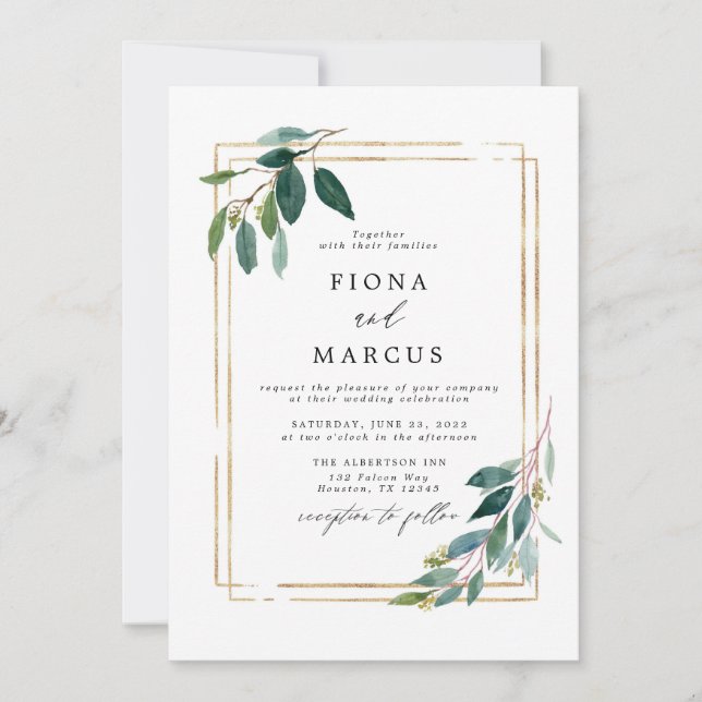 Invitación a la boda de la hoja de eucalipto de or (Anverso)
