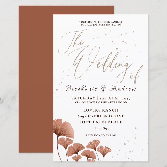 Invitación a la boda de la hoja de Ginkgo de Terra (Anverso / Reverso)