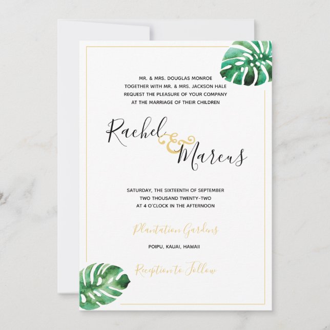 Invitación a la boda de la hoja de Monstera (Anverso)