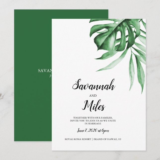 Invitación a la boda de la hoja de monstera tropic (Anverso / Reverso)