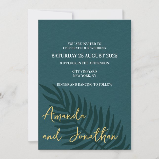 Invitación a la boda de la hoja de palma azul mini (Anverso)