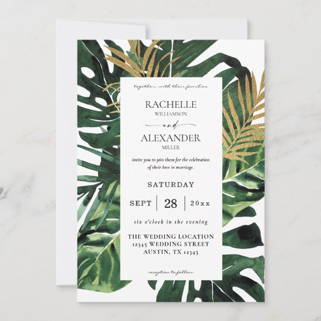 Invitación a la boda de la hoja de palma tropical  (Anverso)