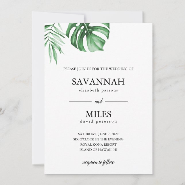 Invitación a la boda de la hoja de palma tropical (Anverso)