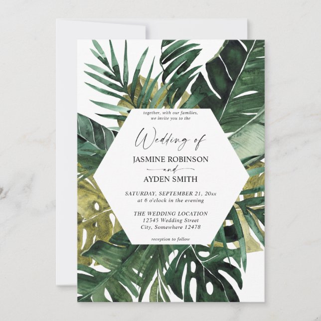 Invitación a la boda de la hoja de palma tropical (Anverso)