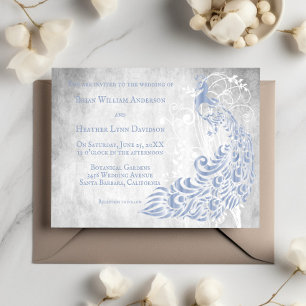 Invitación a la boda de la hoja de pavo real azul