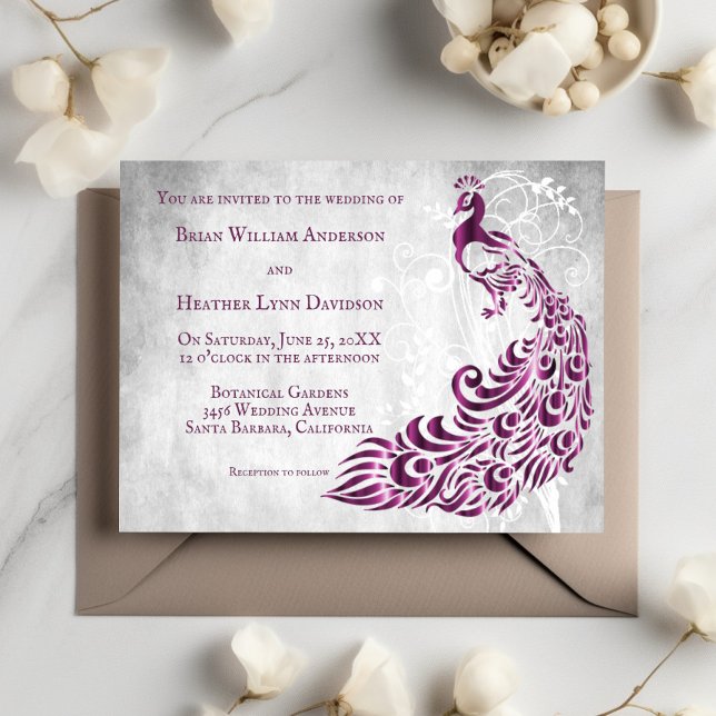 Invitación a la boda de la hoja de pavo real magen (Magenta Peacock Leaf Vine Wedding Invitation)