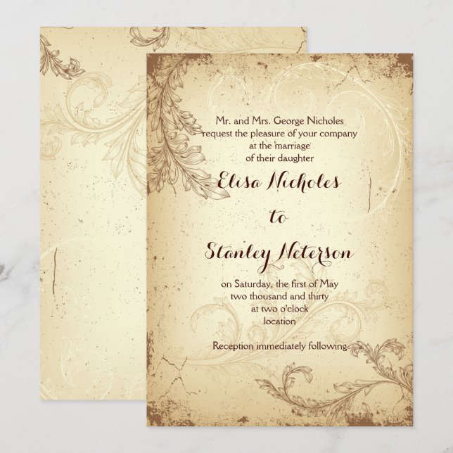 Invitación a la boda de la hoja de pergamino marró (Anverso / Reverso)