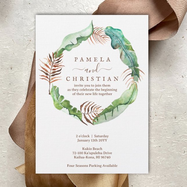Invitación a la boda de la hoja de plátano (Lush Tropical Banana Leaves Wedding Invitation, Brown and Light Green Tropical Leaf Wreath)