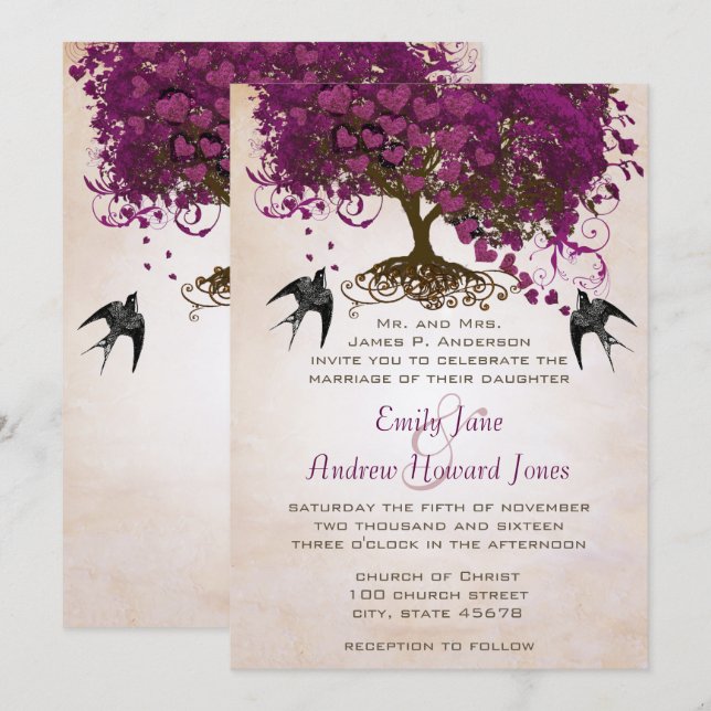 Invitación a la boda de la hoja del corazón de Pea (Anverso / Reverso)