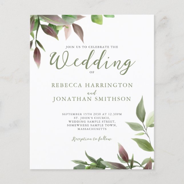 Invitación a la boda de la hoja verde botánica (Anverso)