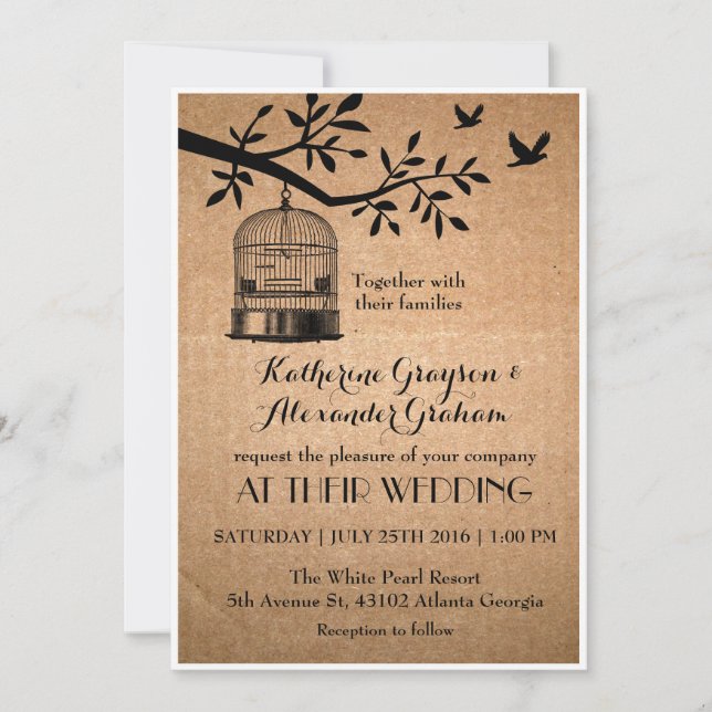 Invitación a la boda de la jaula de pájaro con pap (Anverso)