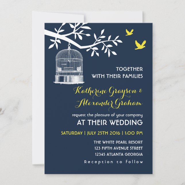 Invitación a la boda de la jaula de pájaros azul d (Anverso)